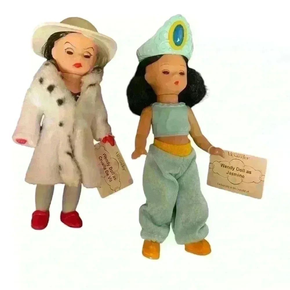 Madame Alexander Wendy dolls as Cruella and Jasmine VTG tiny dolls measuring <6”